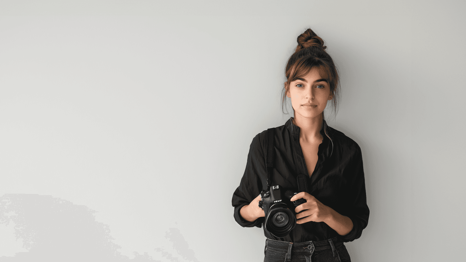 Elise Aurelle holding her camera against a pale wall