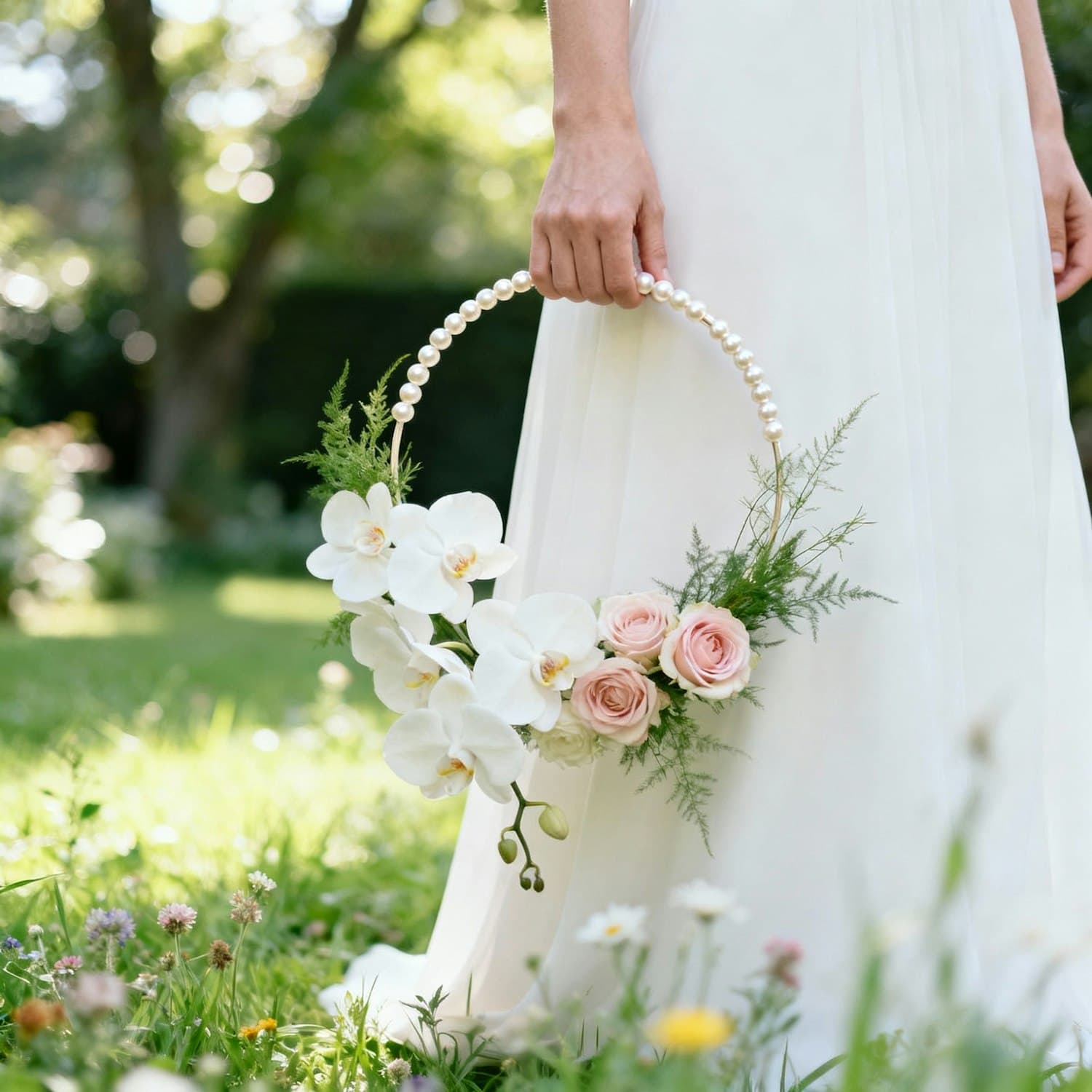 Orchids she carried down the grass aisle