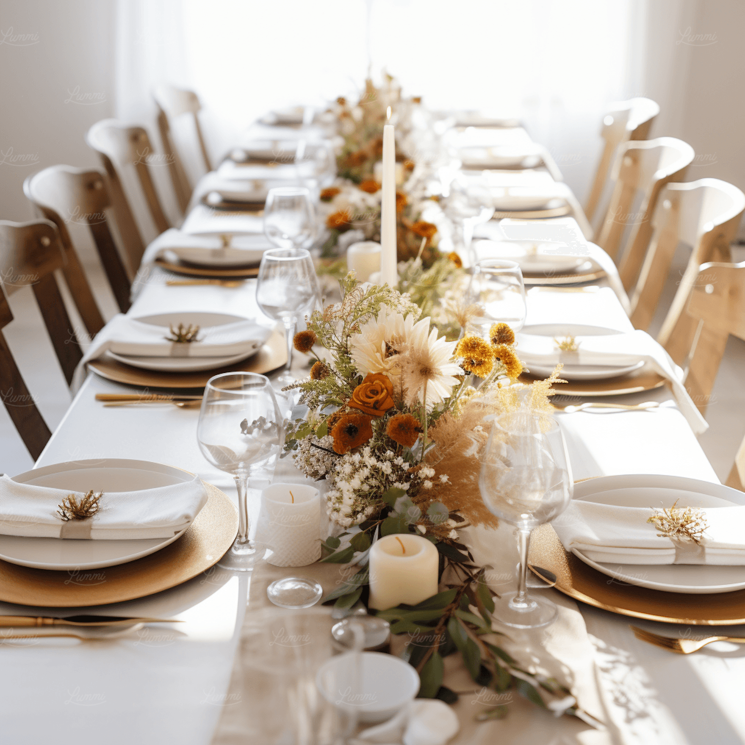 A long dinner table set with candles and autumn flowers